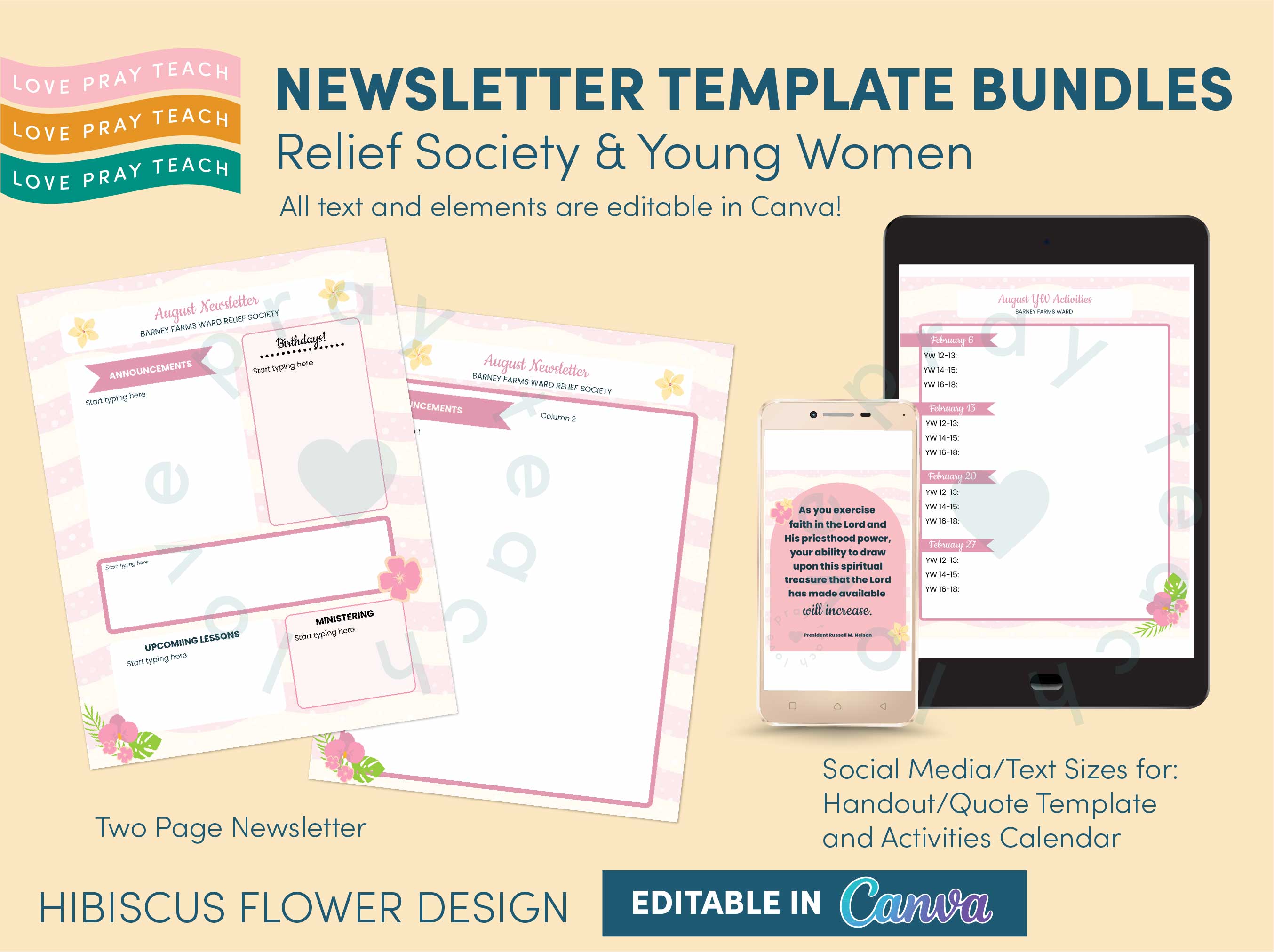 Hibiscus Design-Editable Canva Newsletter Bundles for Relief Society and Young Women Groups www.LovePrayTeach.com
