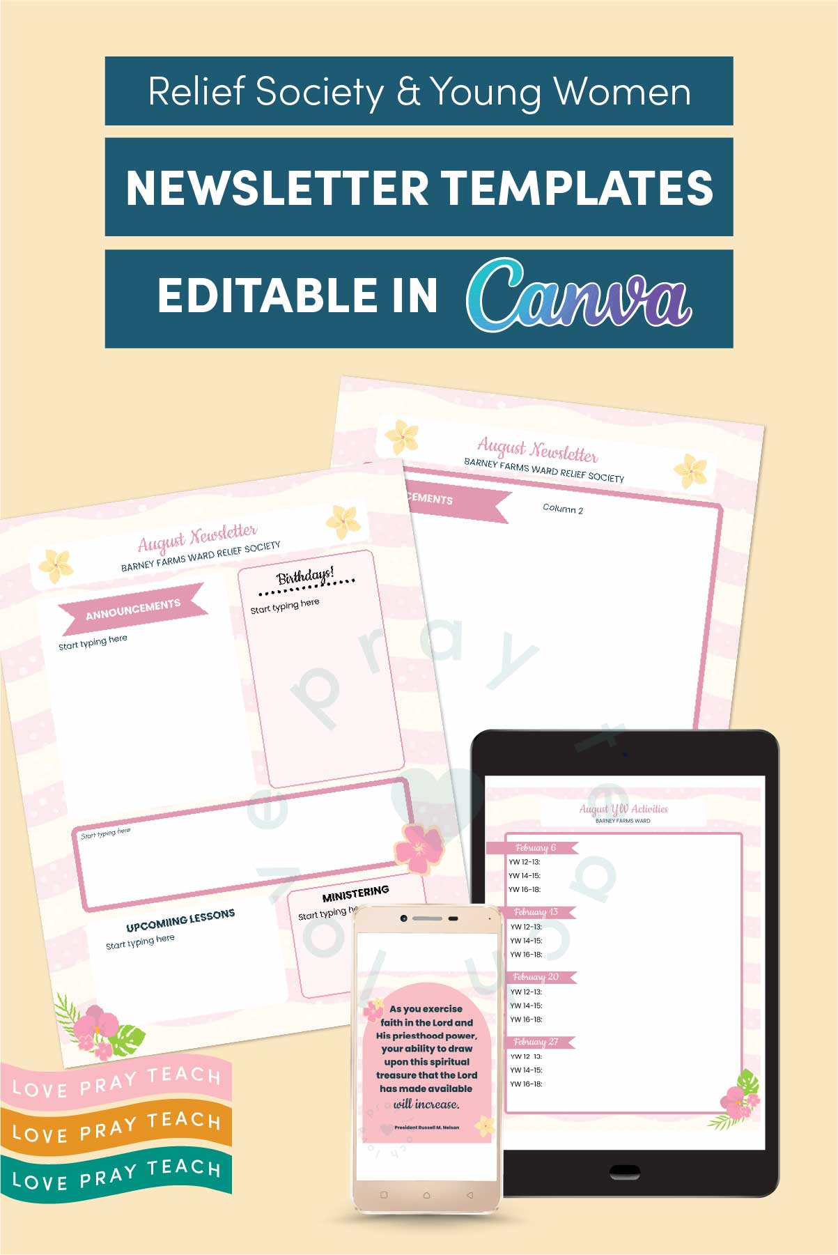 Relief Society Editable Newsletter Template-Hibiscus Design www.LovePrayTeach.com
